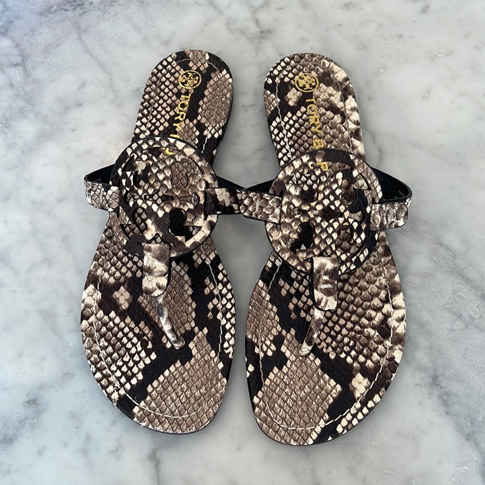 Tory Burch stamped leather snake printed sandal.